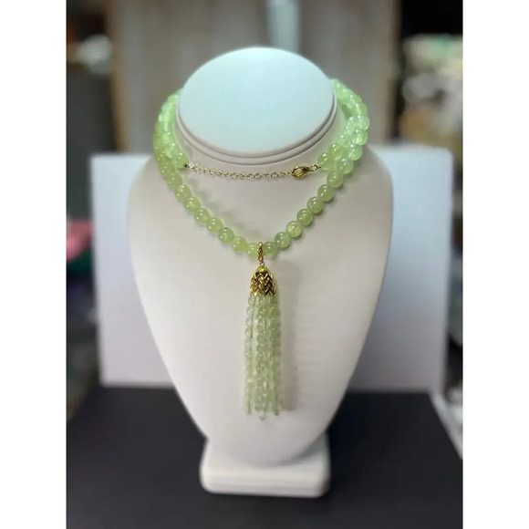 Prehnite beaded necklace with tassel enhancer and gold over sterling silver - Picture 2 of 10